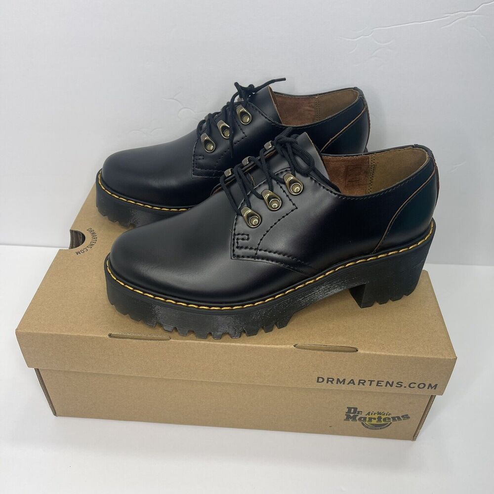Dr. Martens Leona Lo Size 8 Smooth Leather Lug Sole Heeled Derby Shoe, Black - Picture 6 of 15
